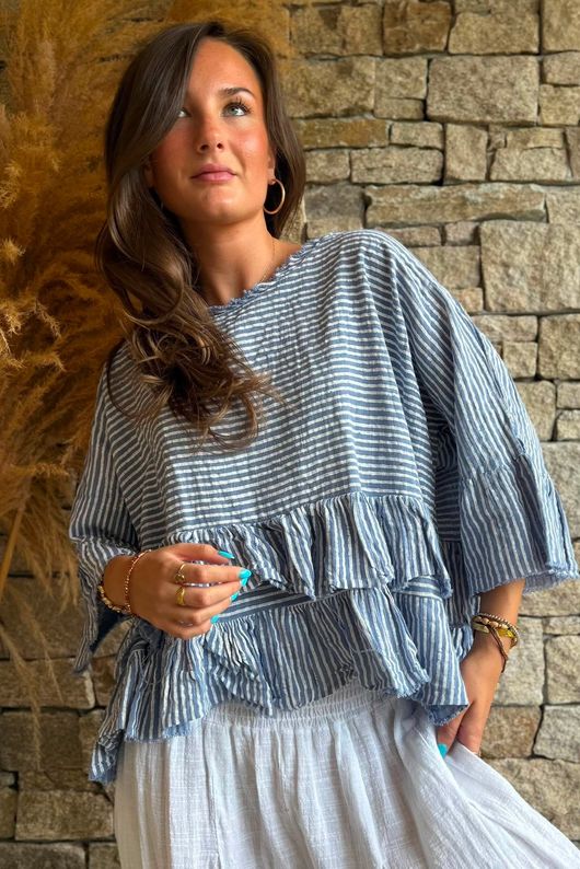 Sundaze Cheesecloth Chalk Stripe Frill Top Denim