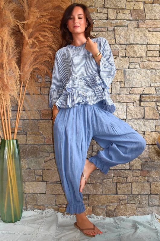 Sundaze Cheesecloth Chalk Stripe Frill Top Denim