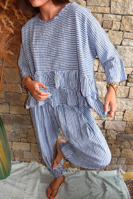 Sundaze Cheesecloth Chalk Stripe Frill Top Denim