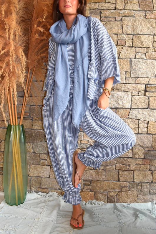 Sundaze Cheesecloth Chalk Stripe Frill Top Denim