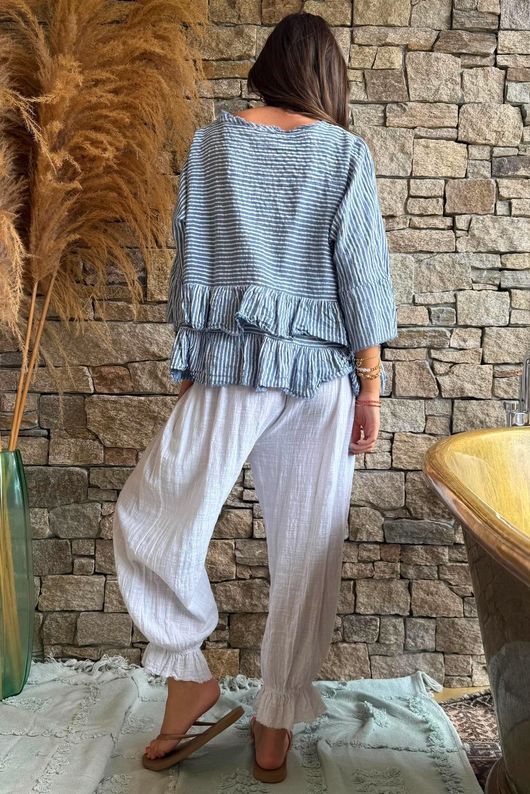 Sundaze Cheesecloth Chalk Stripe Frill Top Denim