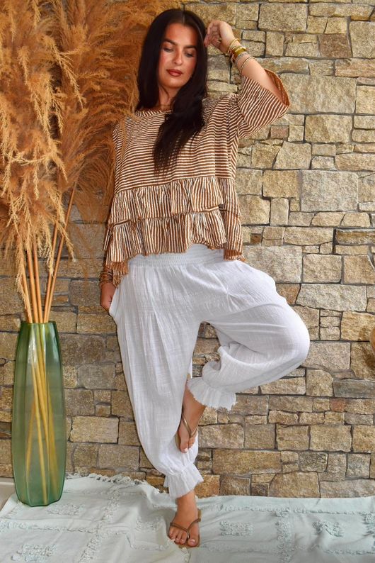 Sundaze Cheesecloth Chalk Stripe Frill Top Hazelnut