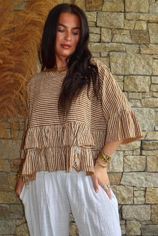 Sundaze Cheesecloth Chalk Stripe Frill Top Hazelnut