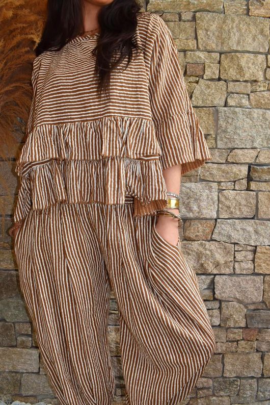 Sundaze Cheesecloth Chalk Stripe Frill Top Hazelnut