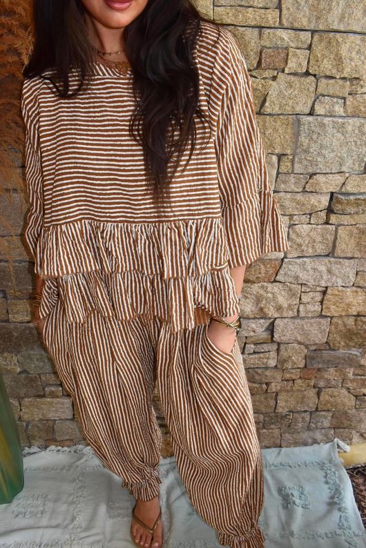 Sundaze Cheesecloth Chalk Stripe Frill Top Hazelnut