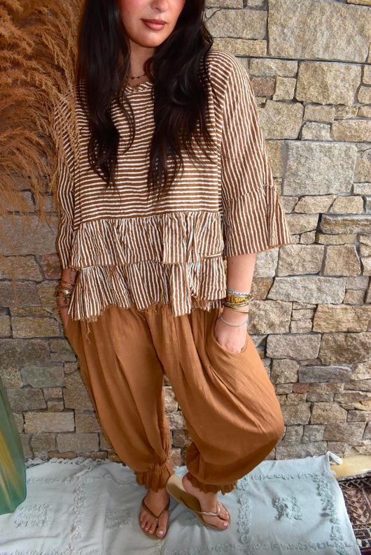 Sundaze Cheesecloth Chalk Stripe Frill Top Hazelnut