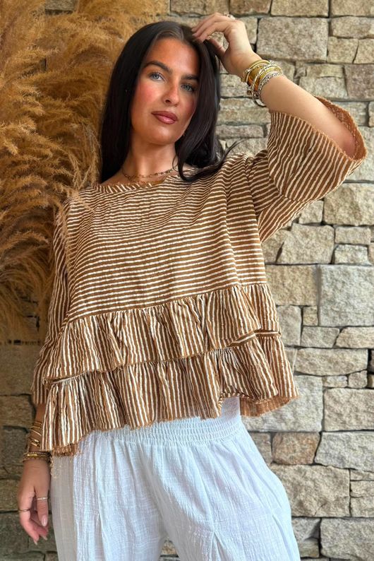 Sundaze Cheesecloth Chalk Stripe Frill Top Hazelnut