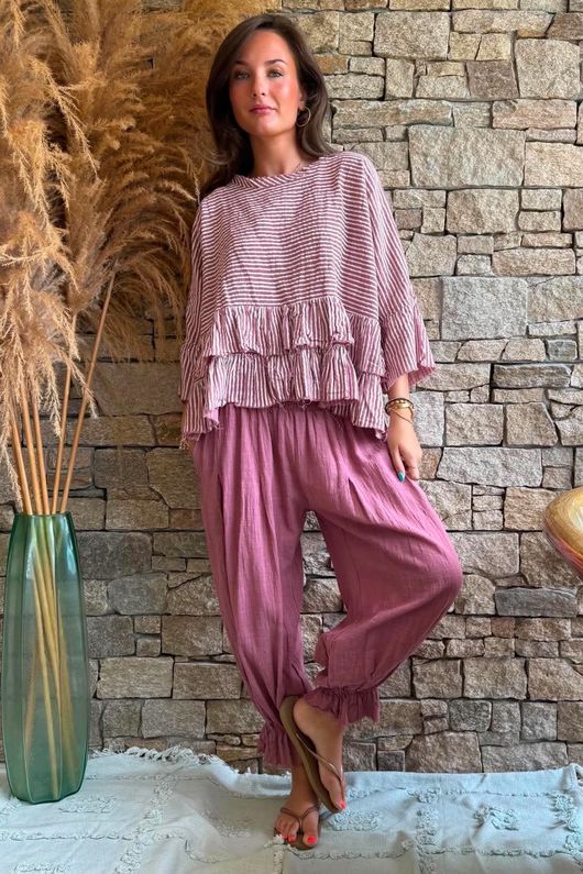 Sundaze Cheesecloth Chalk Stripe Frill Top Indian Pink