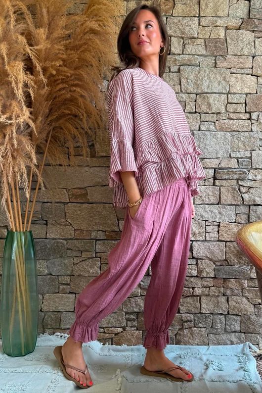 Sundaze Cheesecloth Chalk Stripe Frill Top Indian Pink