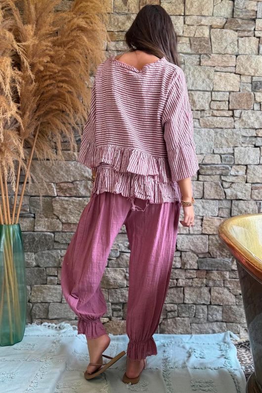 Sundaze Cheesecloth Chalk Stripe Frill Top Indian Pink