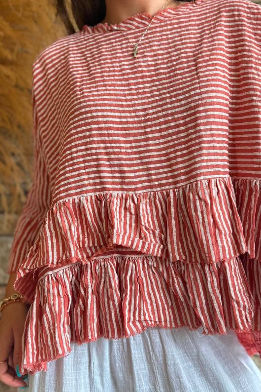 Sundaze Cheesecloth Chalk Stripe Frill Top Indian Red