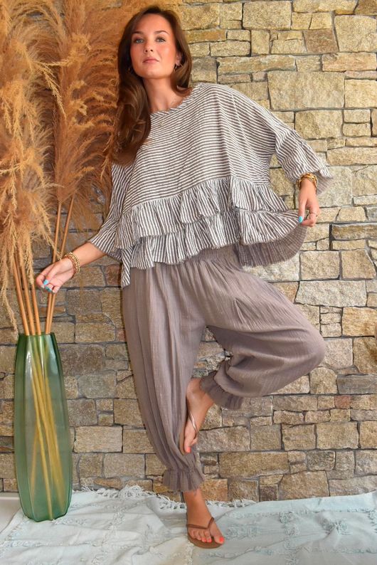 Sundaze Cheesecloth Chalk Stripe Frill Top Mocha