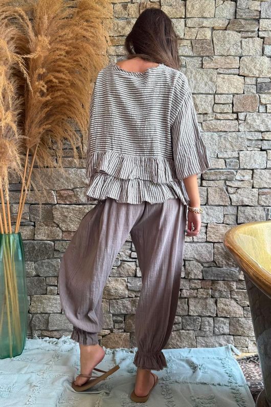 Sundaze Cheesecloth Chalk Stripe Frill Top Mocha