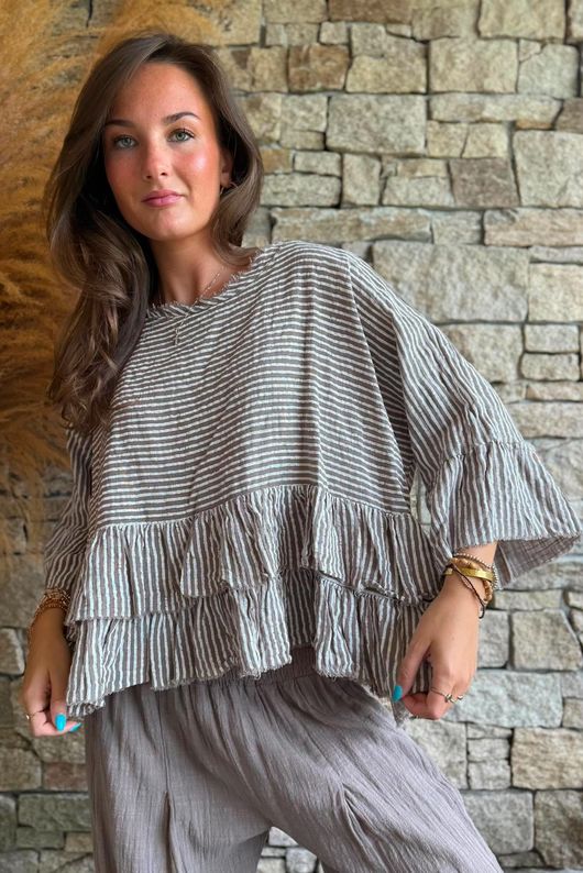Sundaze Cheesecloth Chalk Stripe Frill Top Mocha