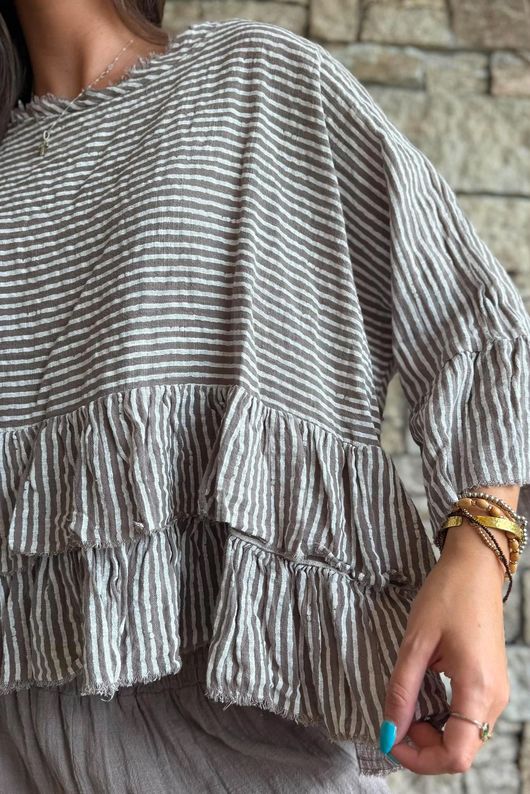 Sundaze Cheesecloth Chalk Stripe Frill Top Mocha