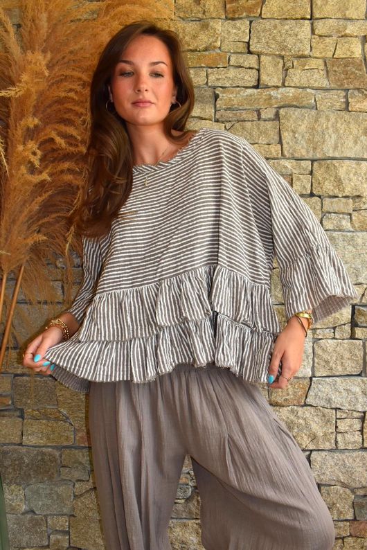 Sundaze Cheesecloth Chalk Stripe Frill Top Mocha