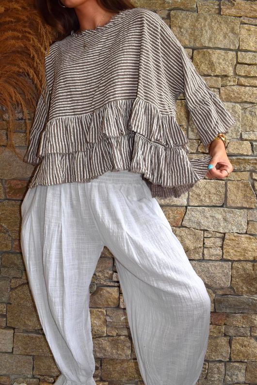 Sundaze Cheesecloth Chalk Stripe Frill Top Mocha