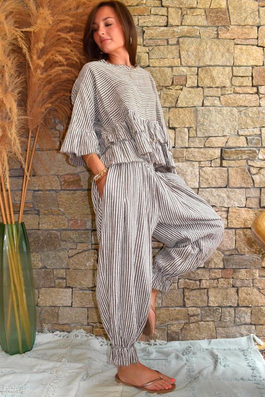 Sundaze Cheesecloth Chalk Stripe Frill Top Mocha