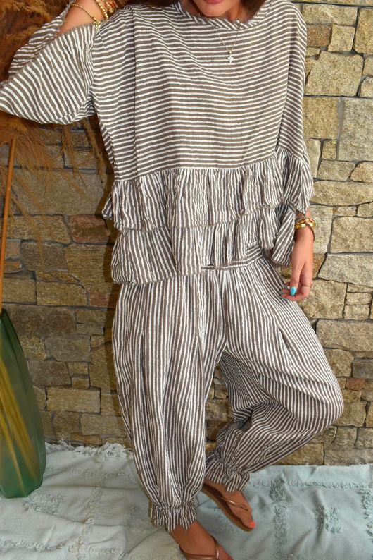 Sundaze Cheesecloth Chalk Stripe Frill Top Mocha