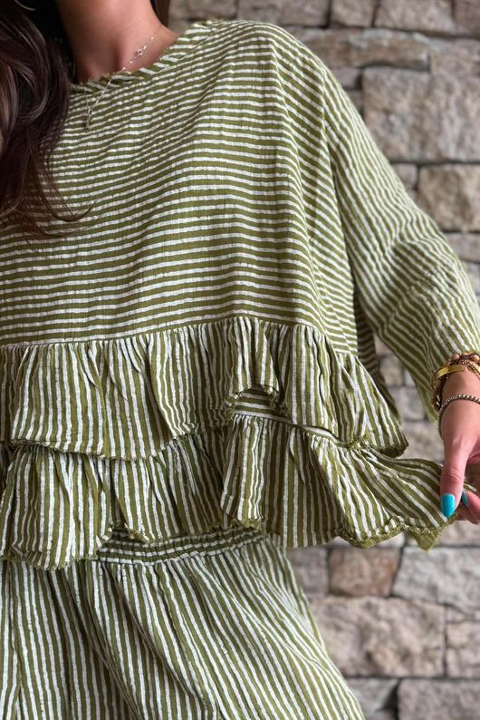 Sundaze Cheesecloth Chalk Stripe Frill Top Olive