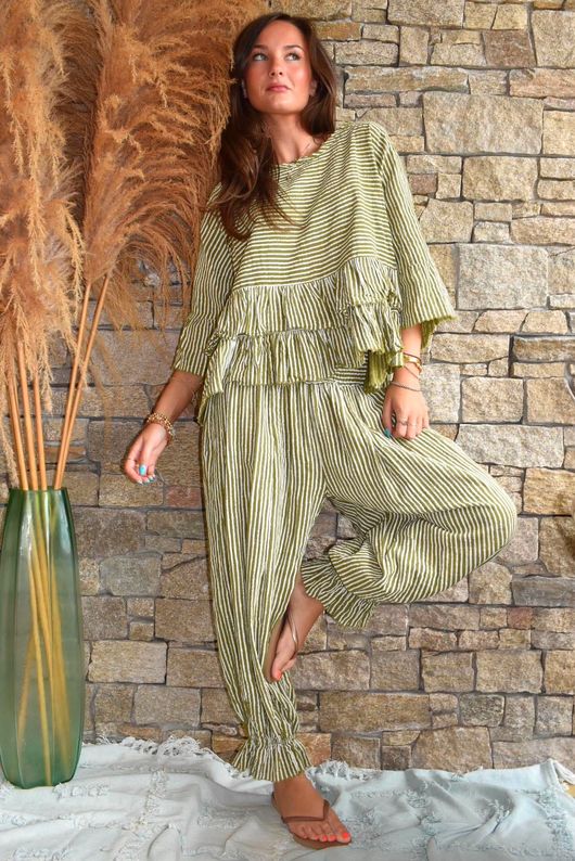 Sundaze Cheesecloth Chalk Stripe Frill Top Olive