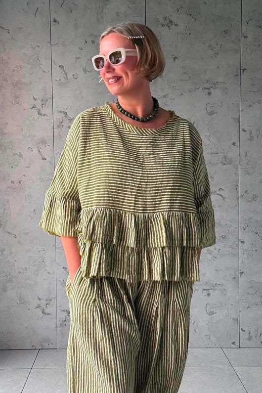 Sundaze Cheesecloth Chalk Stripe Frill Top Olive