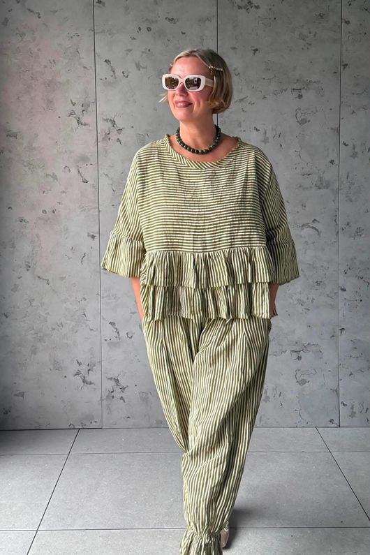Sundaze Cheesecloth Chalk Stripe Frill Top Olive