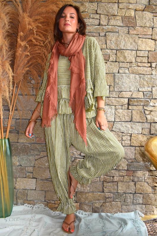 Sundaze Cheesecloth Chalk Stripe Frill Top Olive