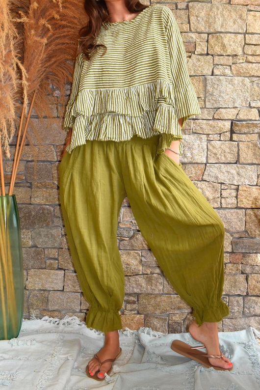 Sundaze Cheesecloth Chalk Stripe Frill Top Olive