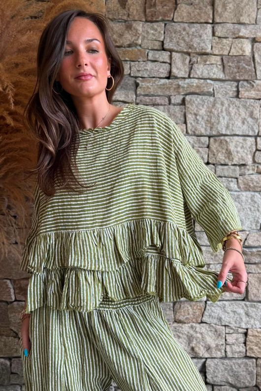 Sundaze Cheesecloth Chalk Stripe Frill Top Olive