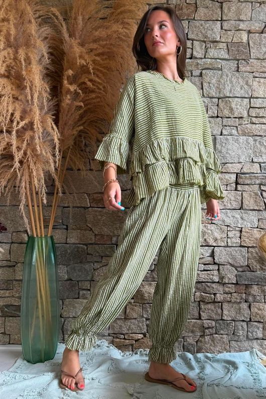 Sundaze Cheesecloth Chalk Stripe Frill Top Olive