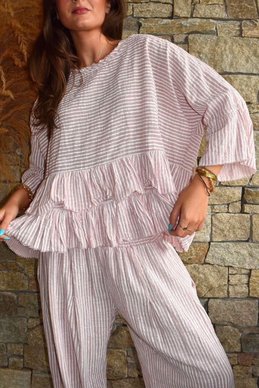 Sundaze Cheesecloth Chalk Stripe Frill Top Rose