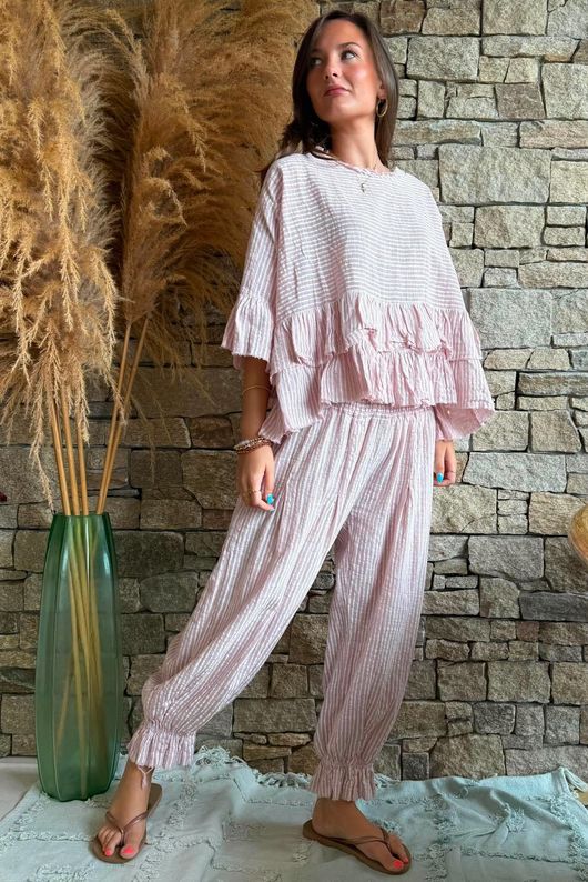 Sundaze Cheesecloth Chalk Stripe Frill Top Rose