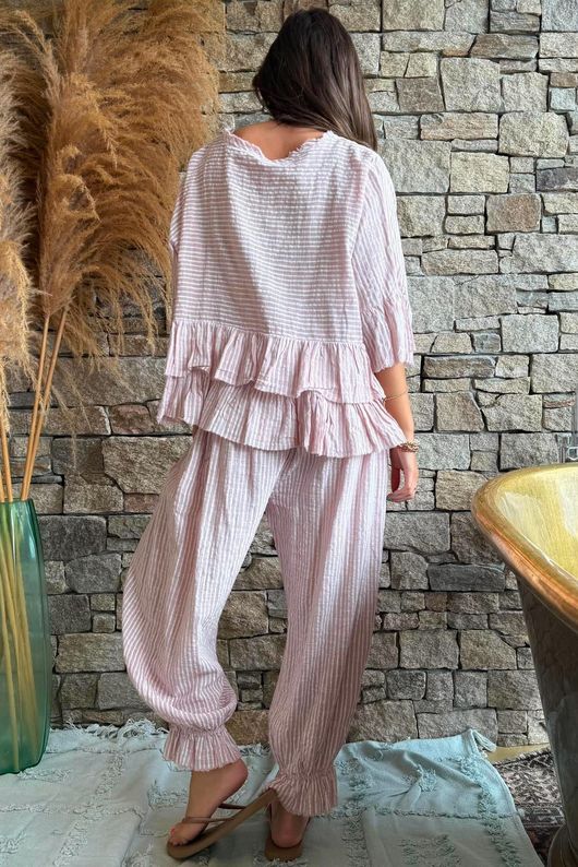 Sundaze Cheesecloth Chalk Stripe Frill Top Rose