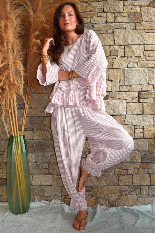 Sundaze Cheesecloth Chalk Stripe Frill Top Rose