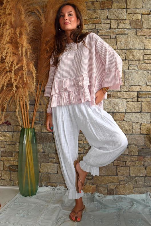Sundaze Cheesecloth Chalk Stripe Frill Top Rose