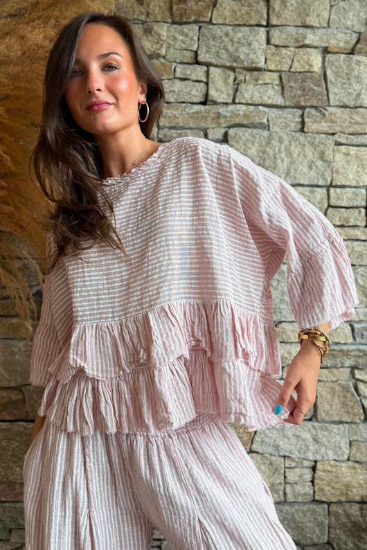 Sundaze Cheesecloth Chalk Stripe Frill Top Rose