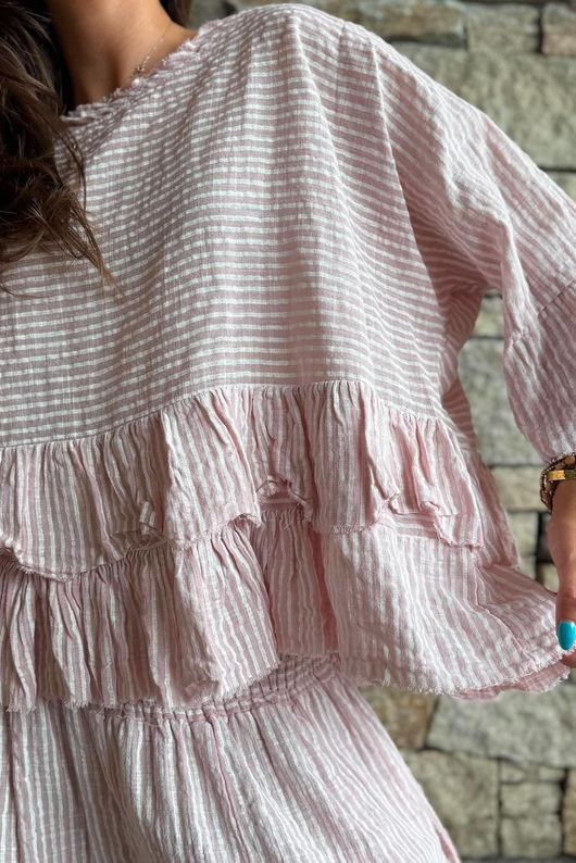 Sundaze Cheesecloth Chalk Stripe Frill Top Rose