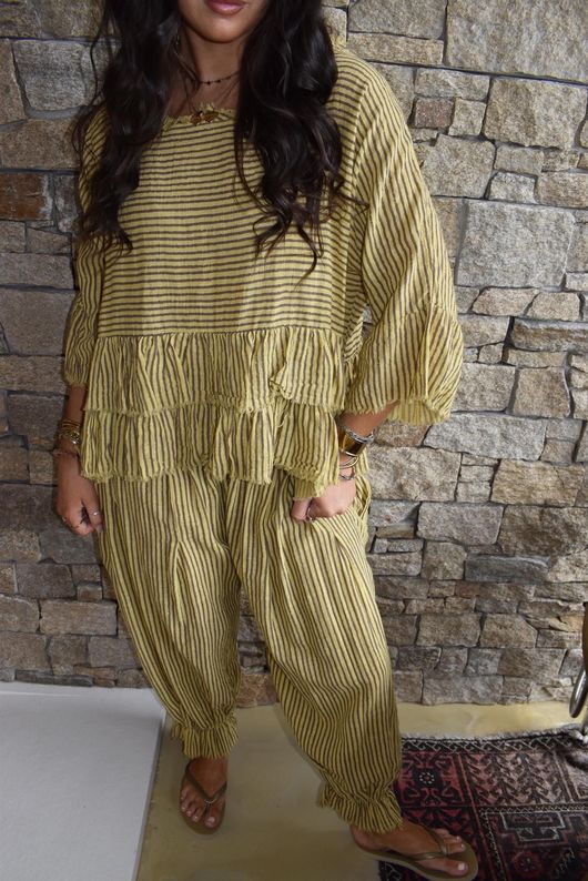 Sundaze Cheesecloth Chalk Stripe Frill Top Soft Ochre