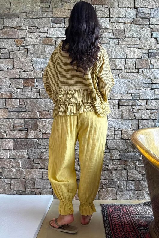 Sundaze Cheesecloth Chalk Stripe Frill Top Soft Ochre