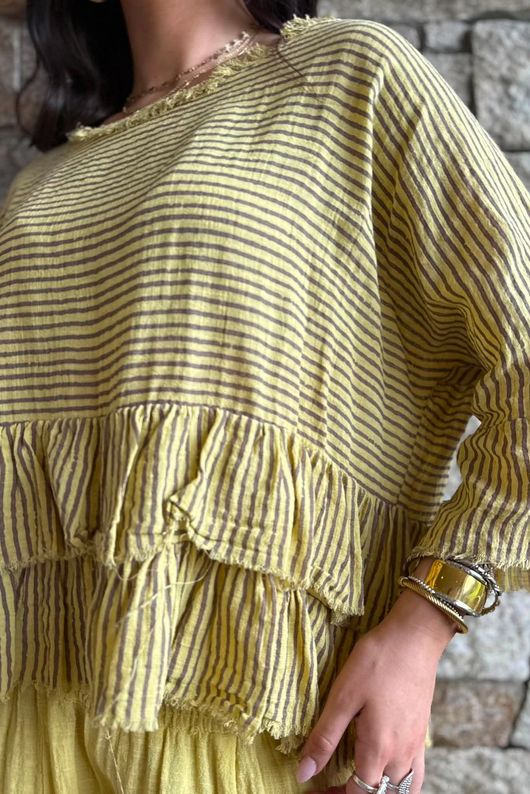 Sundaze Cheesecloth Chalk Stripe Frill Top Soft Ochre