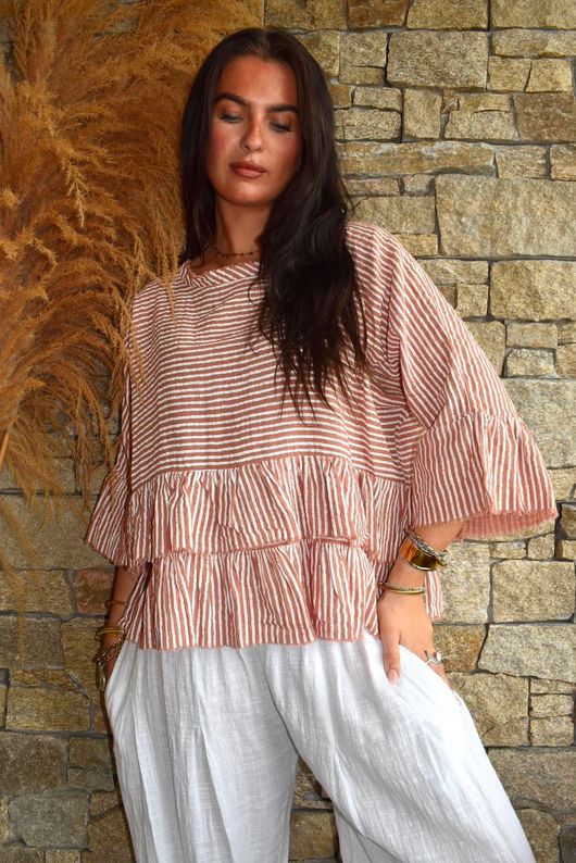 Sundaze Cheesecloth Chalk Stripe Frill Top Soft Terracotta