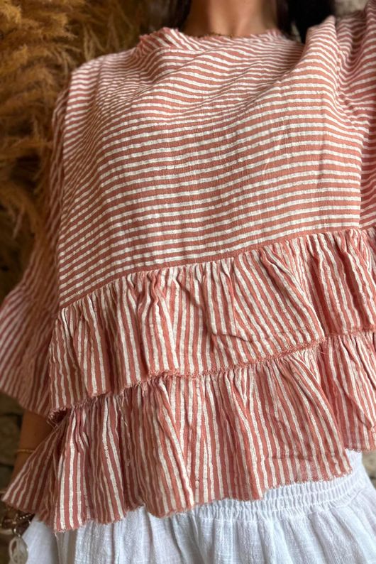 Sundaze Cheesecloth Chalk Stripe Frill Top Soft Terracotta