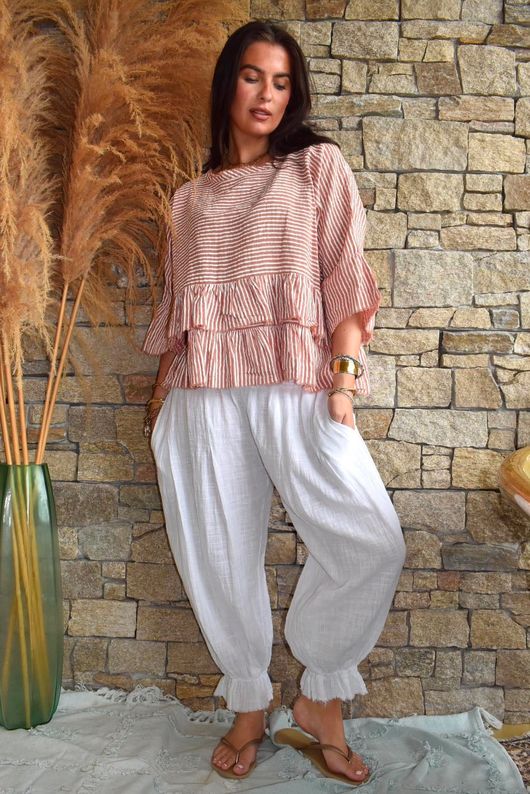 Sundaze Cheesecloth Chalk Stripe Frill Top Soft Terracotta