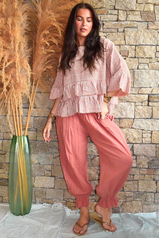 Sundaze Cheesecloth Chalk Stripe Frill Top Soft Terracotta