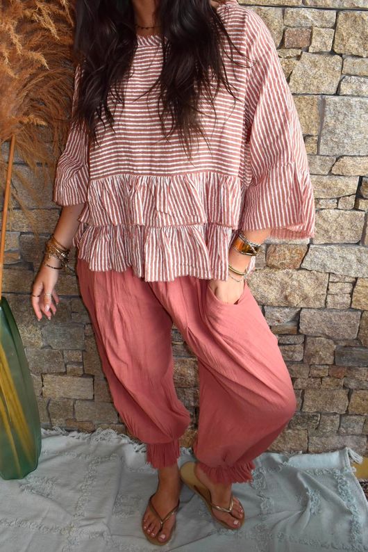 Sundaze Cheesecloth Chalk Stripe Frill Top Soft Terracotta