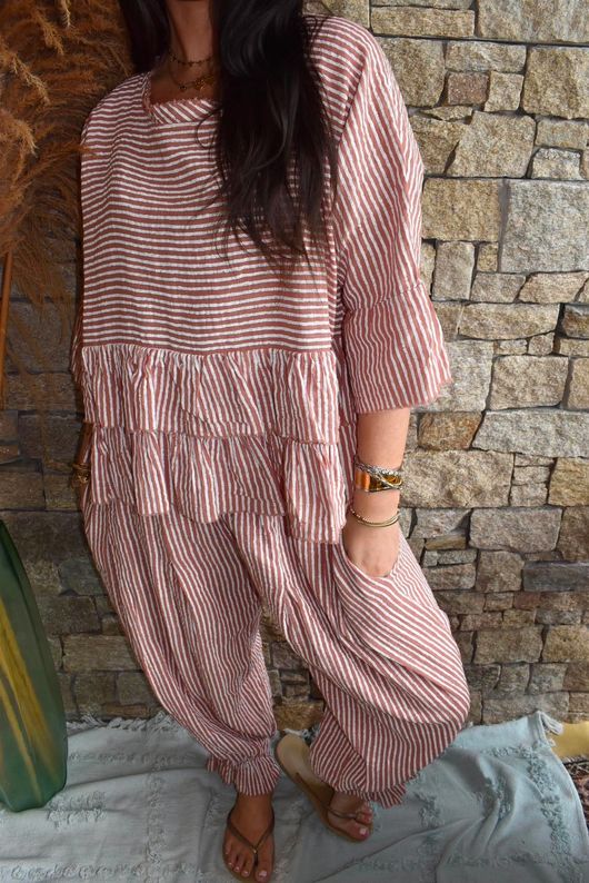 Sundaze Cheesecloth Chalk Stripe Frill Top Soft Terracotta