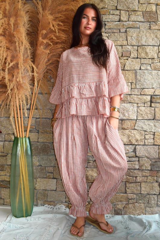 Sundaze Cheesecloth Chalk Stripe Frill Top Soft Terracotta
