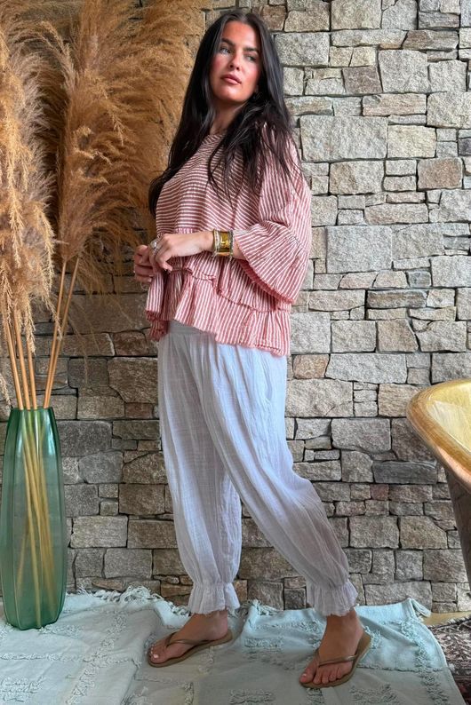 Sundaze Cheesecloth Chalk Stripe Frill Top Soft Terracotta