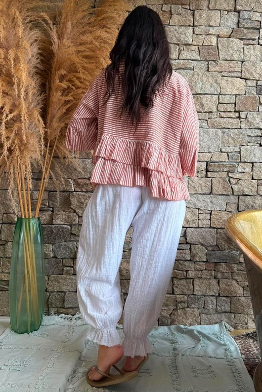 Sundaze Cheesecloth Chalk Stripe Frill Top Soft Terracotta